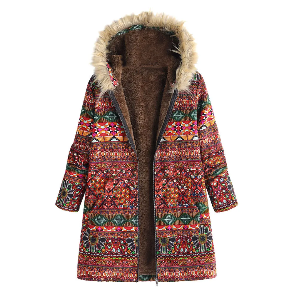 Куртка Для женщин Зимняя теплая верхняя одежда Цветочный принт с капюшоном и карманами; Винтаж куртки больших размеров пальто женский Костюмы куртка с гусиным 5XL