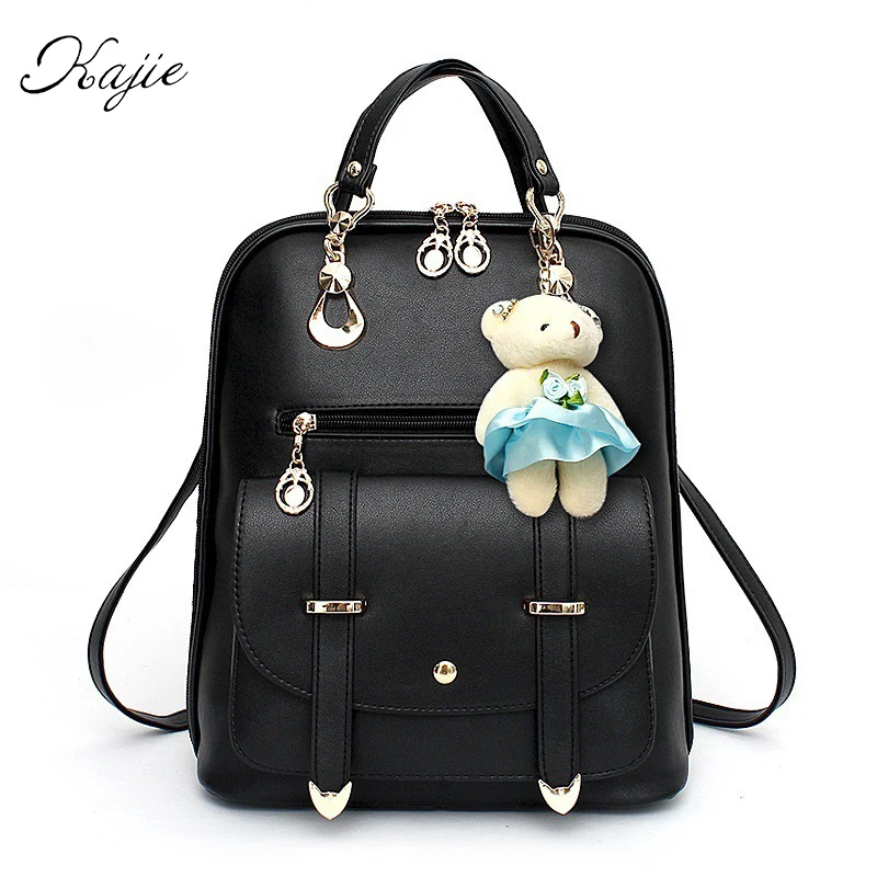 Kajie Women Small Cute Bear Black Leather Backpack Female School Bags Students Casual Travel Rucksack For Teenager Girls Mochila Kajie Women Small Cute Bear Black Leather Backpack Female School Bags Students Casual Travel Rucksack For Teenager Girls Mochila