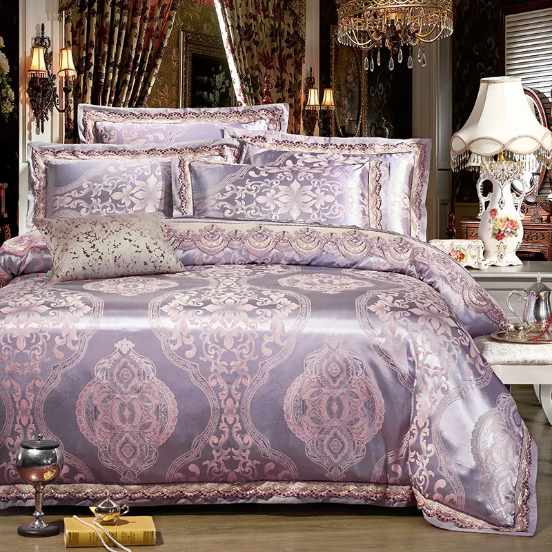 

2017 4-Pieces Luxury Bedding Set Queen King Size Bed Set Silk Cotton Jacquard Lace Duvet Cover Bed Sheet Bed Linen