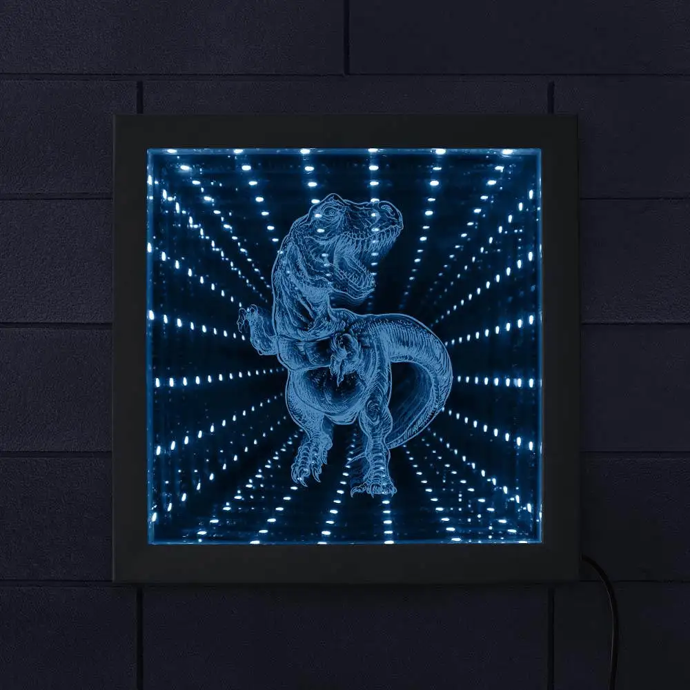 buy Horrific T Rex 3D LED Infinity Mirror Frame Jurassic Dinosaur Decor Tunnel of Light Tyrannosaurus Optical Illuminated Mirror