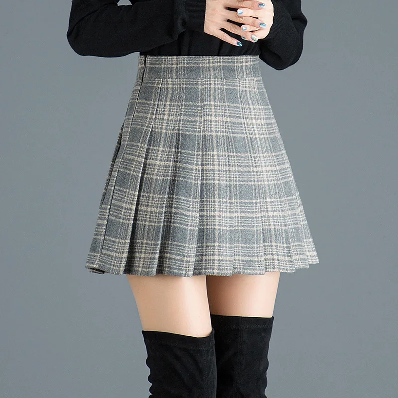 Корейская осенняя и зимняя клетчатая плиссированная юбка, Женская мини-юбка, утолщенная короткая юбка из шерсти для школьниц, Faldas Mujer Moda - Цвет: Grey
