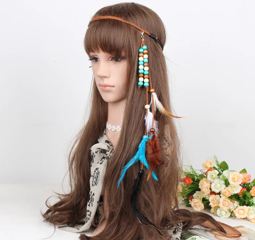 

Boho Headband Women Festival Wedding Headwear Gypsy Feather Rope Crown Headdress Hair Accessories