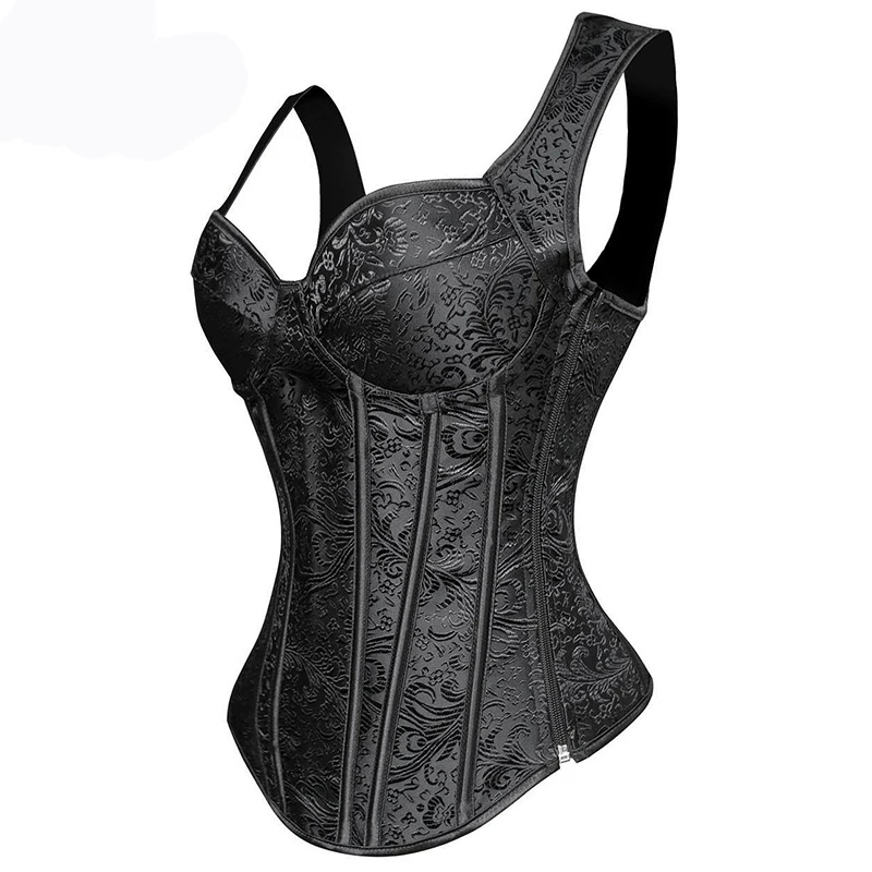 Black Zipper Gothic Steampunk Bustier Corset 6XL Women Brocade Lace Up Zipper Overbust Top Slimming Basque Waist Trainer Corset (5)