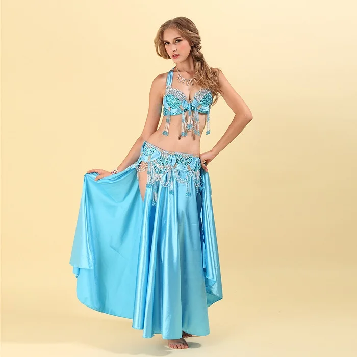 Новое поступление женский костюм для танца живота комплект бюстгальтер+ пояс 2 шт. сексуальные костюмы из бисера ручной работы Индийский танец живота одежда 8 цветов - Цвет: Lake blue