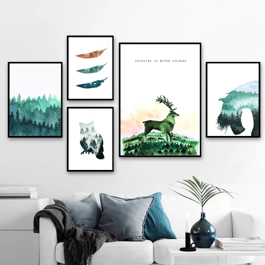 

Watercolor Deer Owl Horse Forest Feather Wall Art Canvas Painting Nordic Posters And Prints Wall Pictures Living Room Home Decor