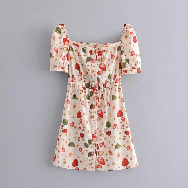 Women's Clothing Dress 2019 Polyester Strawberry Print Slash Neck Dress Ms Summer Sexy Slim Fit Stylish Temperament Clothing