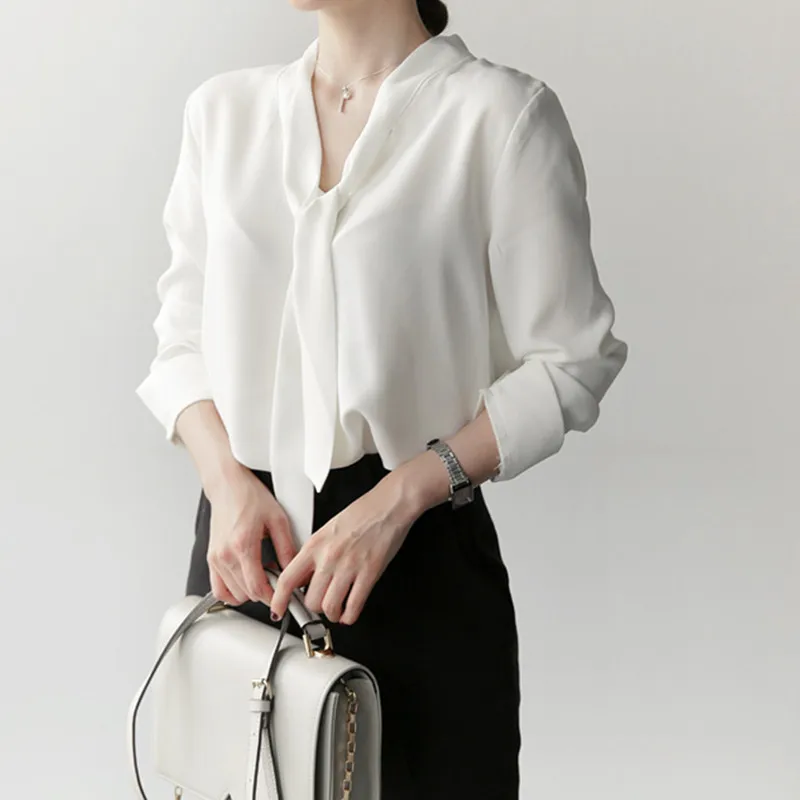 nvyou gou White V Neck Chiffon Blouse Long Sleeve With Bow Tie Summer Office Lady Casual Solid Shirt Elegant Top Women Plus Size Blouses