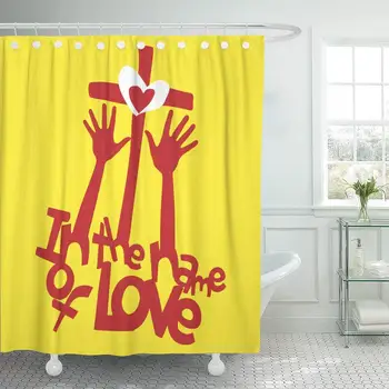 

Shower Curtain Religion in The Name of Love Hands Worship Cross Heart Jesus Bible Biblical Catholic Bathroom Curtains