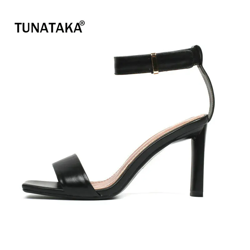 

Genuine Leather Square High Heel Open Toe Woman Sandals Fashion Buckle Dress High Heel Shoes Woman Black Brown Beige