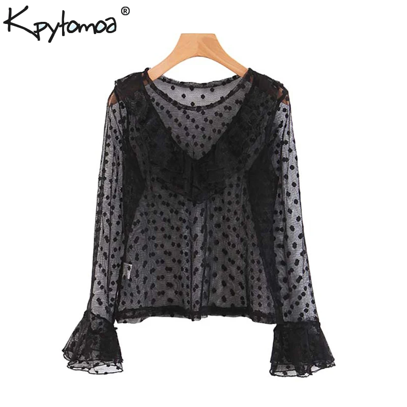 

Vintage Sexy Ruffles Polka Dot Mesh Tops Women Blouses 2019 Fashion Flare Sleeve See Through Stylish Shirts Casual Blusas Mujer
