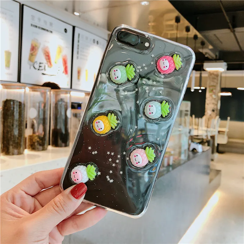 

Cute 3D Drop Glue Pineapple Bowknot Bling Clear Phone Case for Iphone 8/8 Plus X Xr Xs Max 6 6S 7 Plus Luminous Case Back Cover