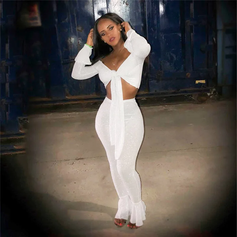 Najtaniej Adogirl błyszczące srebro drut dwuczęściowy zestaw krawat łuk Off ramię długi rękaw dzwonkowy krótki top Skinny spodnie flare wysoka rozciągliwość strój