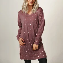 Женская длинная футболка, красивая поп распродажа, футболка в горошек, v-образный вырез, длинный рукав, повседневные свободные топы, женские весенне-Осенние футболки, топы 7Q2274