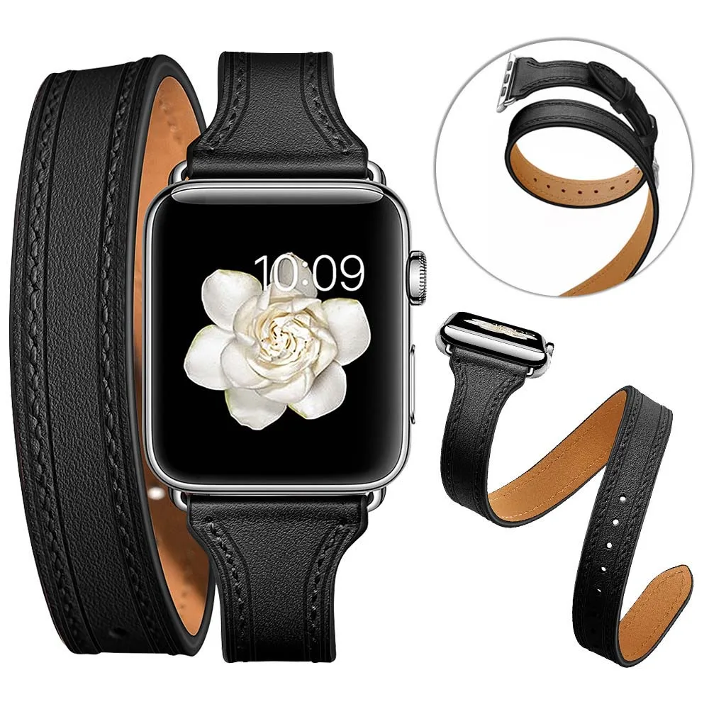 

Fashion double circle leather Wristband for Apple Watch Band Series 5 4 40MM 44MM Accessory For iWatch Series 3 Strap 38MM 42MM