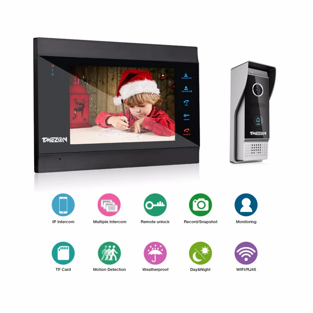 TMEZON 7 Inch Wireless WiFi Smart IP Video Door Phone Intercom System with 1x1200TVL Wired Doorbell
