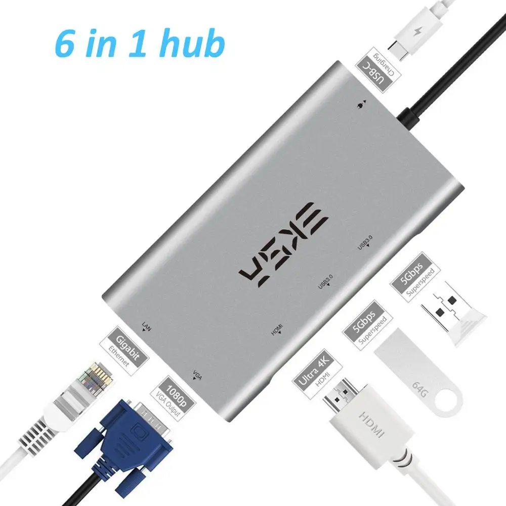 EKSA концентратор USB Type C к HDMI/RJ45 Gigabit Ethernet/VGA/кард-ридер/Thunderbolt 3 адаптер для Macbook huawei P20 Pro USB 3,0 концентратор - Цвет: 6 in 1