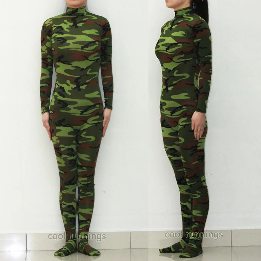 

Fancy Dress Party Green Camo Lycra Spandex Zentai costume dancewear Unitard Bodysuit No Hood & Hands