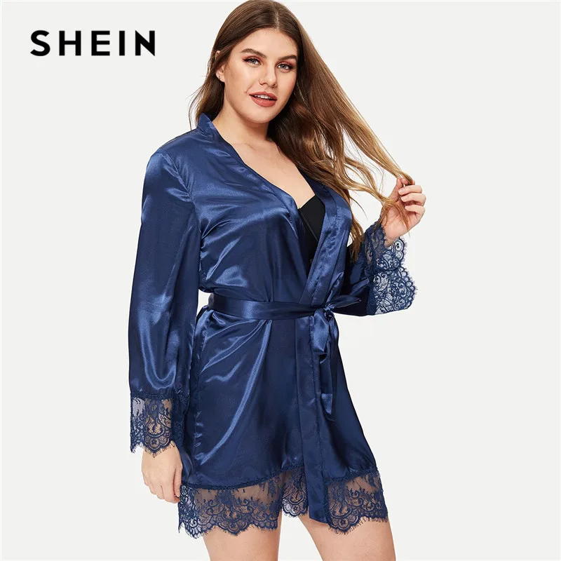 Buy SHEIN Women Plus Size Lace Trim Blue Satin Robes