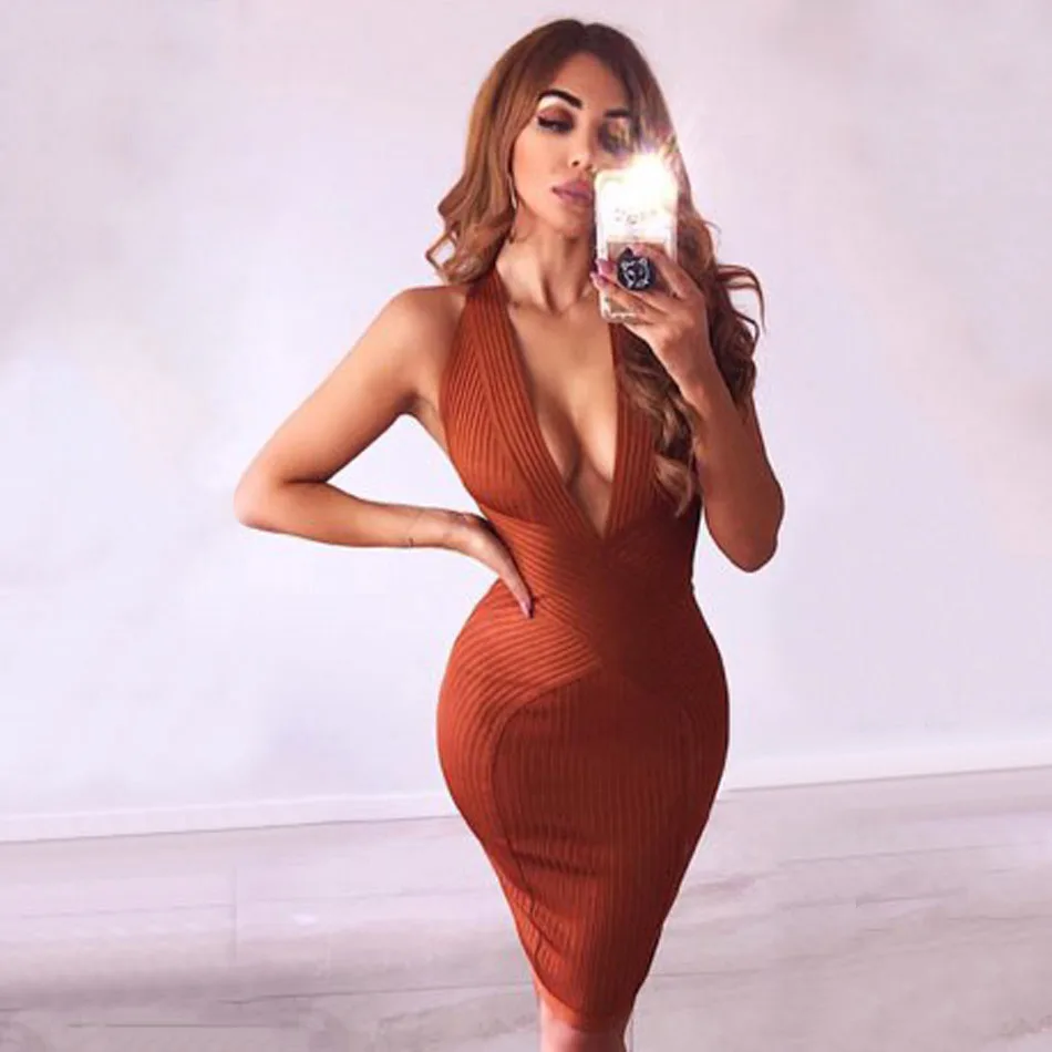 

Seamyla New Fashion Bandage Dress 2019 Women Sexy Sleeveless Evening Party Dresses Bodycon Deep V Neck Club Vestidos Knee Length