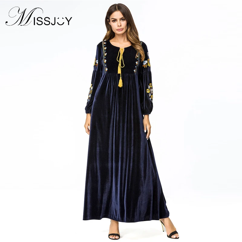 MISSJOY Muslim Abaya Islamic Dress Kaftan Dubai Women Velvet Long Sleeve Embroidery...