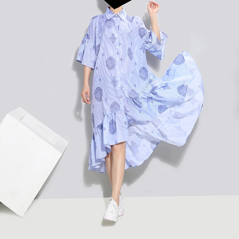 Blue Pink Summer Women Asymmetrical Striped Printed Shirt Dress Short Sleeve Ruffle Hem Pattern Girls Cute Wear Dress