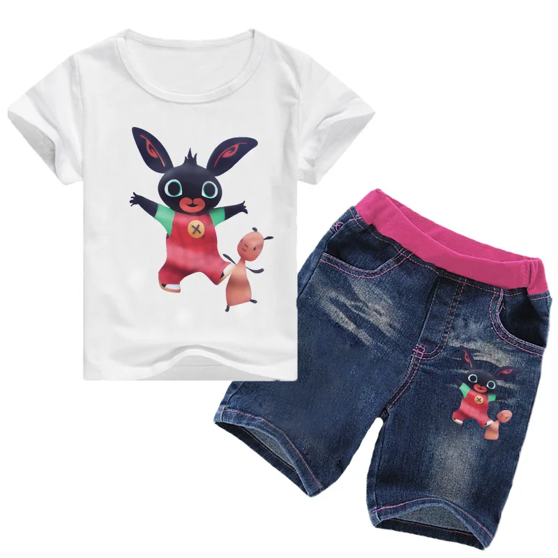 Z& Y/ г. Модный летний костюм кролика для детей от 2 до 12 лет, комплект из 2 предметов: рубашки для девочек, короткие джинсы, Kinderkleding, Детская Одежда Nova - Цвет: color 1