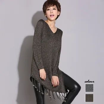

New 2018 Autumn Winter Women's Fashion Loose Sexy V-Neck Irregular Silver Sweater Female Casual Oversize Tassel Knitted Sweater
