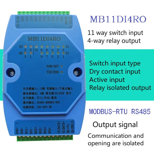 Switch Input and Output 11-way Open-in 4-way Relay Output Module RS485 MODBUS-RTU Communication Switch Input and Output 11-way Open-in 4-way Relay Output Module RS485 MODBUS-RTU Communication