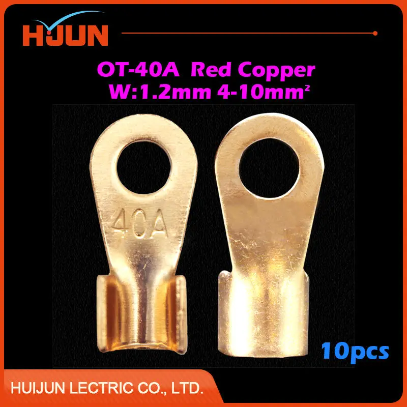 

10pcs/lot OT-40A 6.2mm Dia Red Copper Circular Splice Crimp Terminal Wire Naked Connector for 4-10 Square Cable