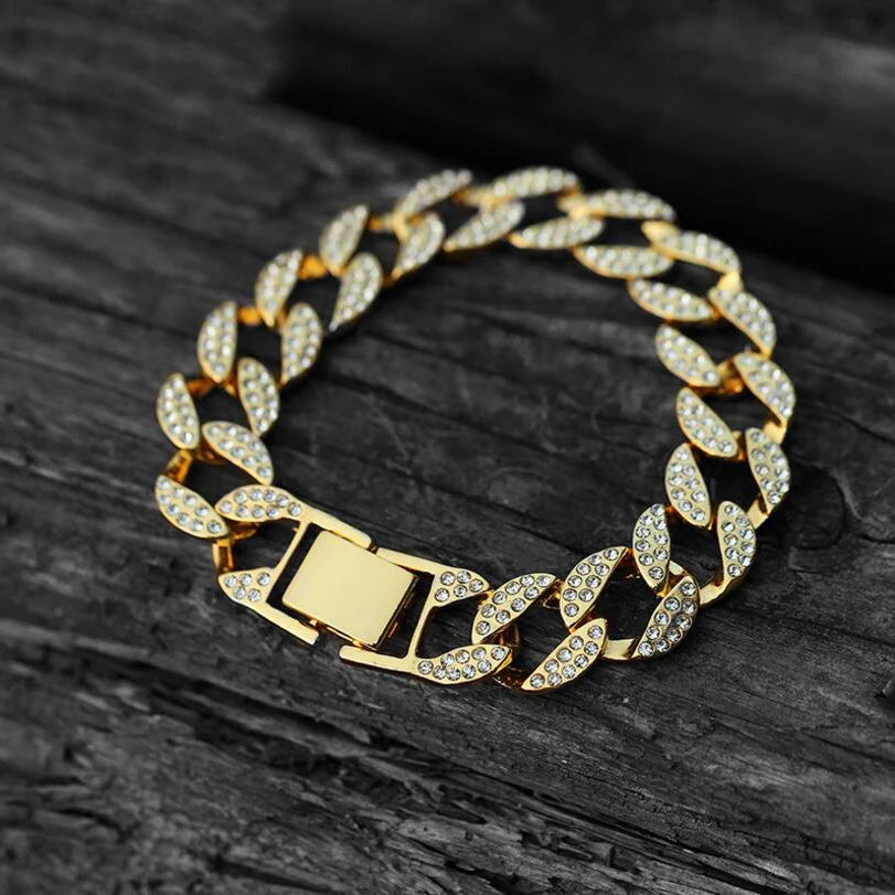 

Hip Hop Curb Cuban Bracelet For Men Gold 15MM Zircon Link Bracelet Jewelry Thick Heavy Alloy Material Iced Out CZ Chain Bracelet