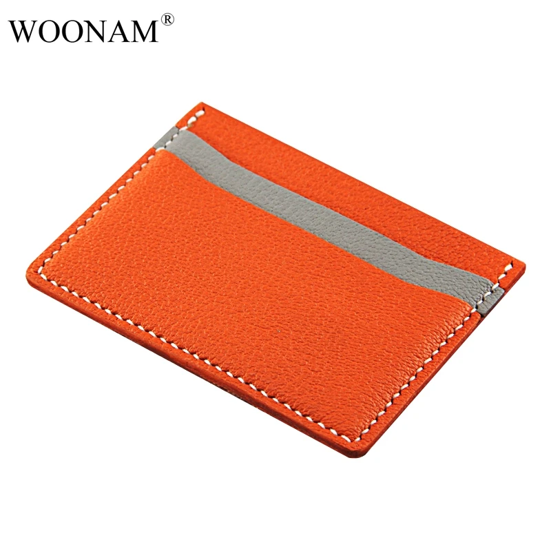 

WOONAM Handmade Double Wave Stitch Genuine French Goat Leather Fashion Design Contrast Color Slim Credit Card Holder WB560