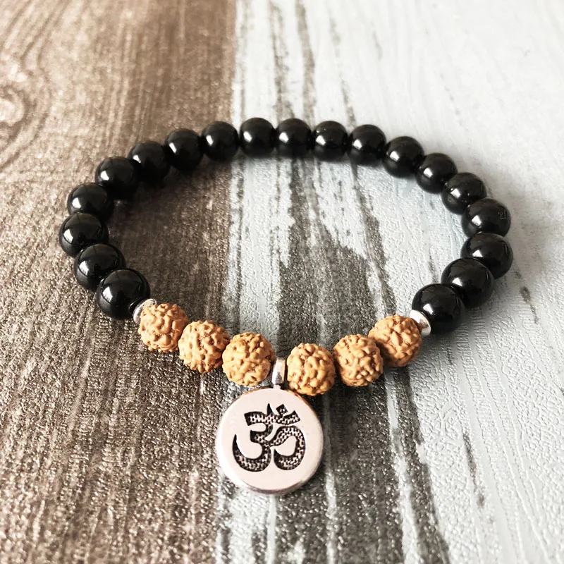 

Root Chakra Bracelet Rustic Yoga Mala Beads wrist for man Black Onyx & Rudraksha Yoga Bracelet Lotus Flower Buddha Charm