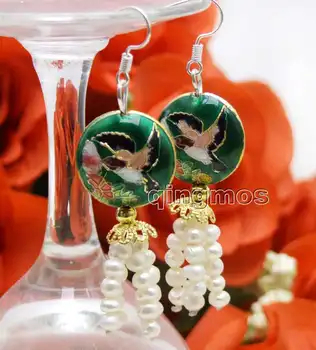 

Beautiful White Natural 4-5mm Pearl with 18mm Dark Green Round Cloisonne Dangle 2.5'' earring-ear647 wholesale/retail Free ship