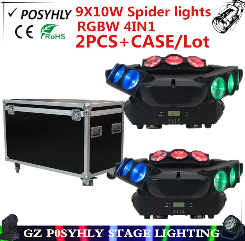 2pcs/ 9X10W led Spider Lights+Flight Case RGBW 4IN1 moving head lights dmx512 beam professional dj equipment | Освещение