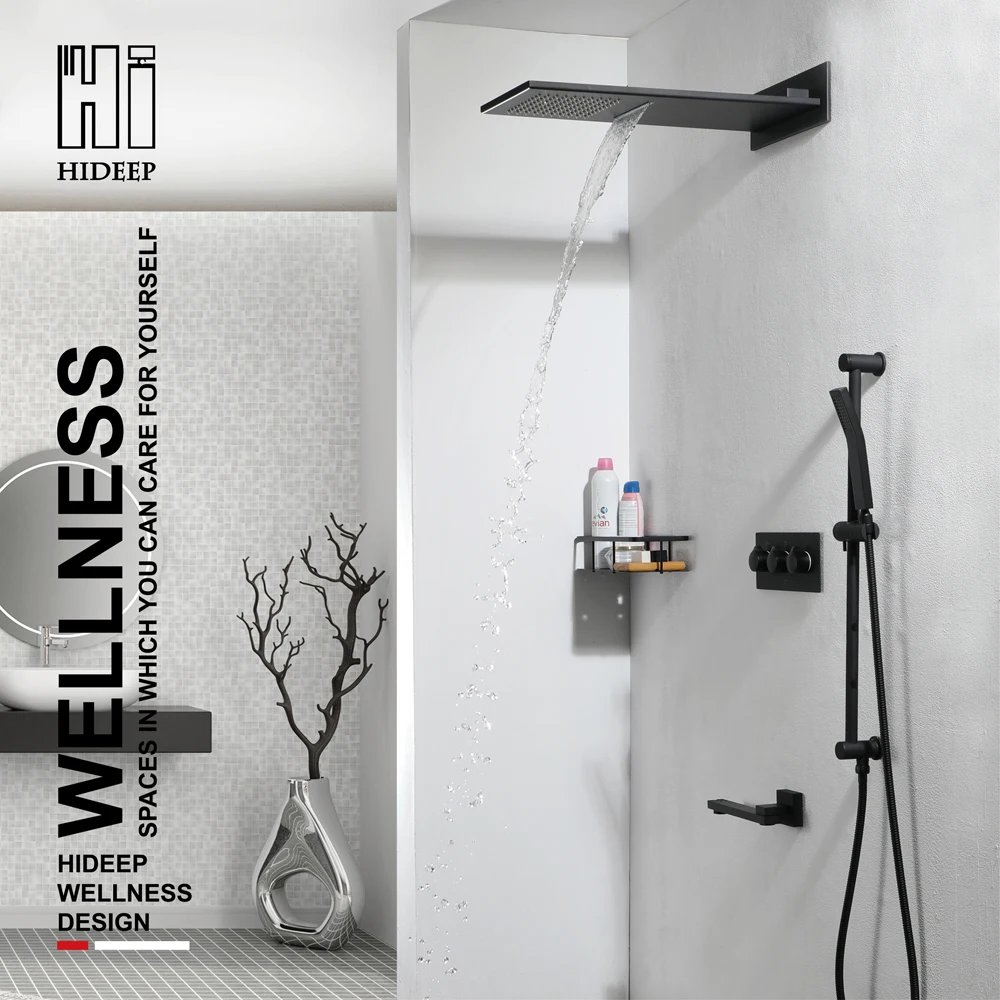 

HIDEEP Black Paint Bathroom Rainfull Shower Set Auto-Thermostat Control Faucet Bath and Shower Mixers Triple Handle Shower Sets