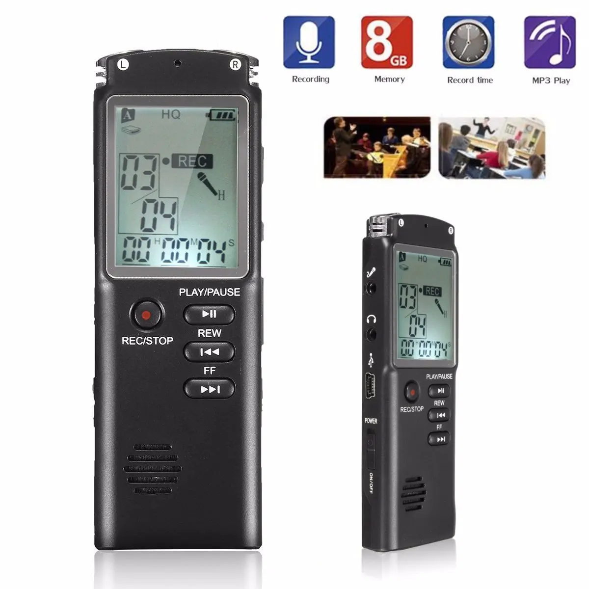 

8GB Digital Voice Recorder with LCD Screen MP3 Player USB Rechargeable Dictaphone Stereo for Recording Interview SGA998