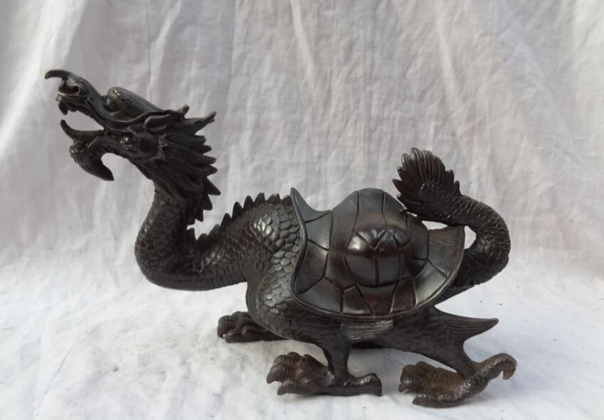 

S3111 9" Chinese Pure Bronze Sculpture FengShui Unicorn Longevity Dragon Turtle Statue D0317