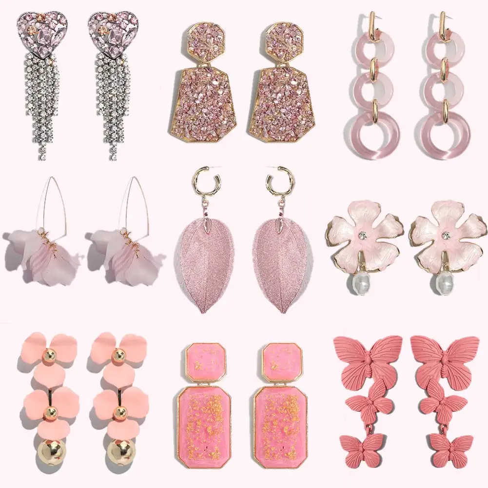 

Flatfoosie Fashion Pink Resin Beaded Drop Earrings For Women Girl ZA Wedding Jewelry 32 Designs Flower Dangle Statement Earrings