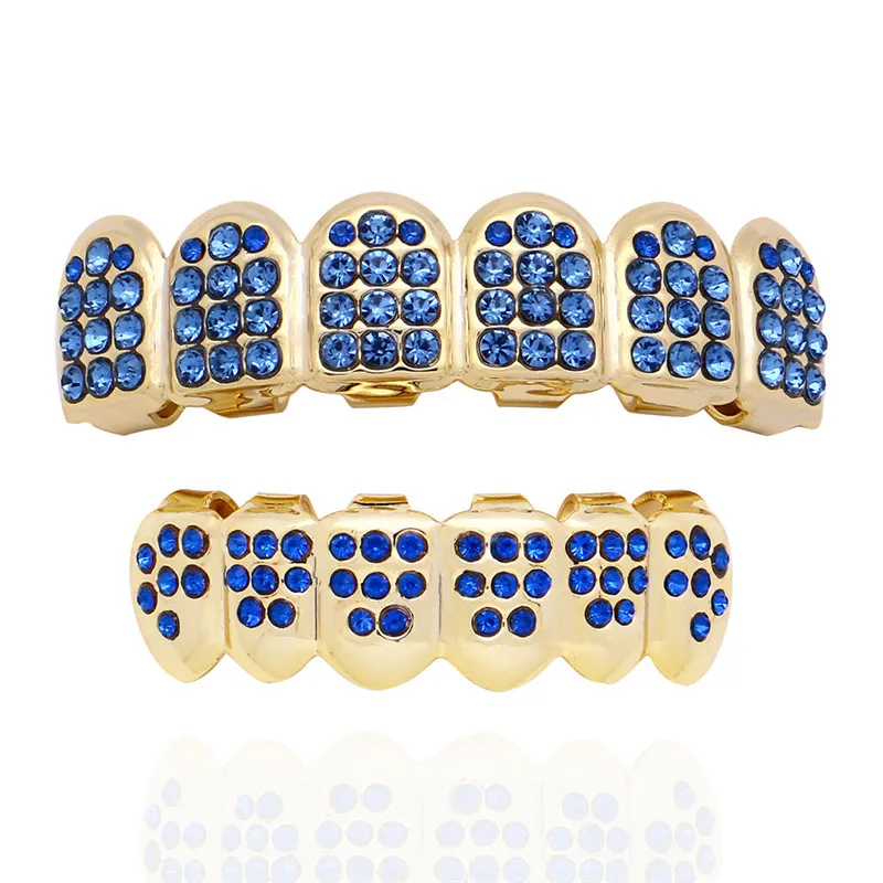 Хип хоп Iced Out Grillz верхние и нижние зубы Grillz Красочные Панк грили зубные золотые зубные колпачки рэппер ювелирные изделия вечерние подарки - Окраска металла: blue