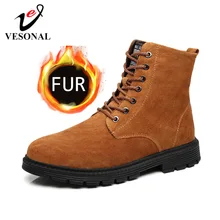 VESONAL/Новинка зимы; Мужские ботинки в байкерском стиле из натуральной кожи; зимние ботинки с мехом и плюшем; теплые классические мужские повседневные ботинки в винтажном стиле