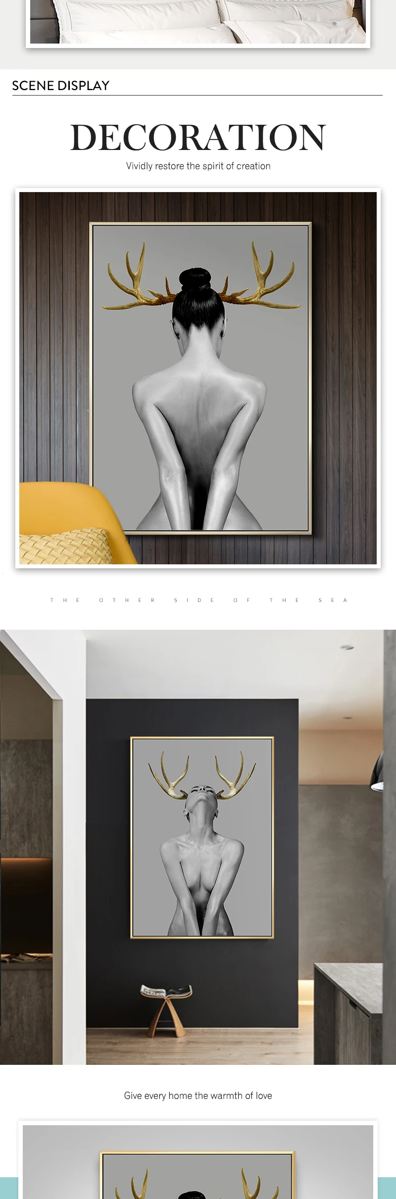 HTB1S.Z8PrrpK1RjSZTEq6AWAVXab Nordic Antlers girls Figuars wall art Canvas Painting Prints Posters Black White Nude art Pictures for Living Room Morden Decor