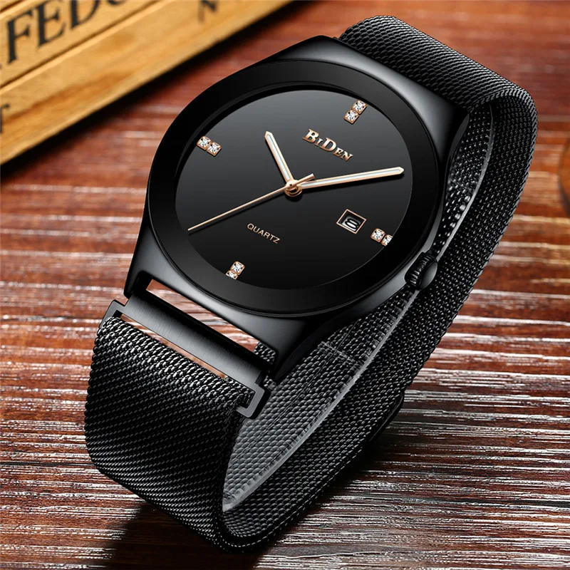 

BIDEN Fashion Mens Watches Top Brand Luxury Quartz Watch Men Casual Slim Mesh Steel Date Waterproof Wristwatches Male Clock