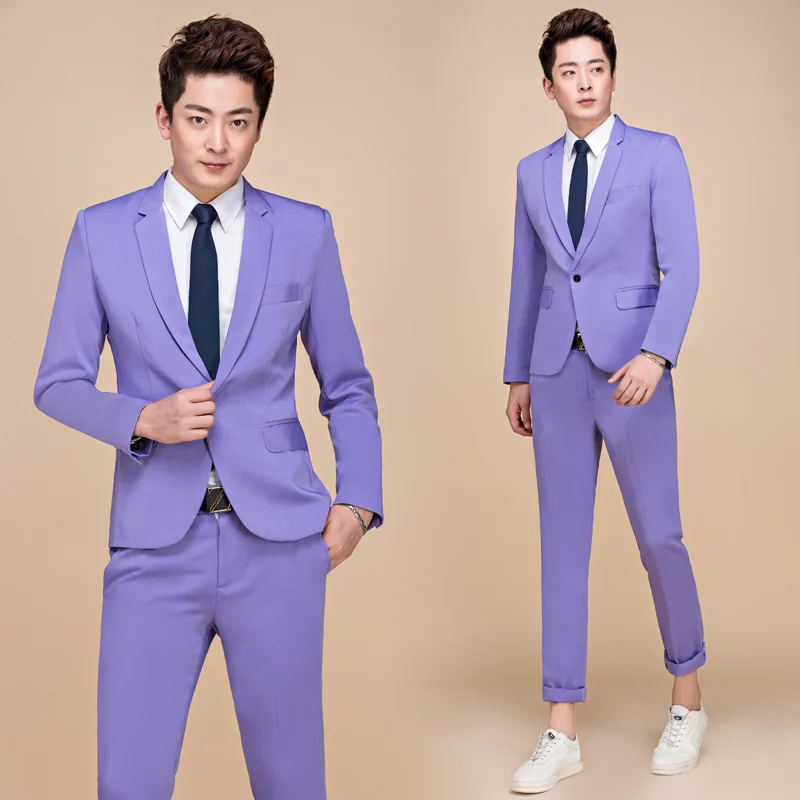 Куртки+ брюки) мужские костюмы для свадебного торжества, повседневные приталенные мужские костюмы с отворотом кофейного цвета, американские размеры, деловые костюмы певицы, мужские костюмы - Цвет: Light Purple