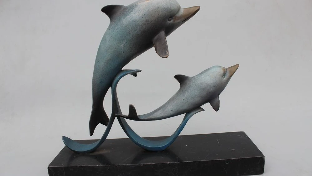 

12"Chinese Royal Bronze Copper Marble Two Lucky Dolphin Porpoise Statue