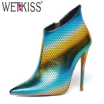 

WETKISS Emboss Colorful Pu Ankle Boots Women Stiletto Heels High Booties Pointed Toe Shoes Femme Party Shoes Winter Plus Size 45