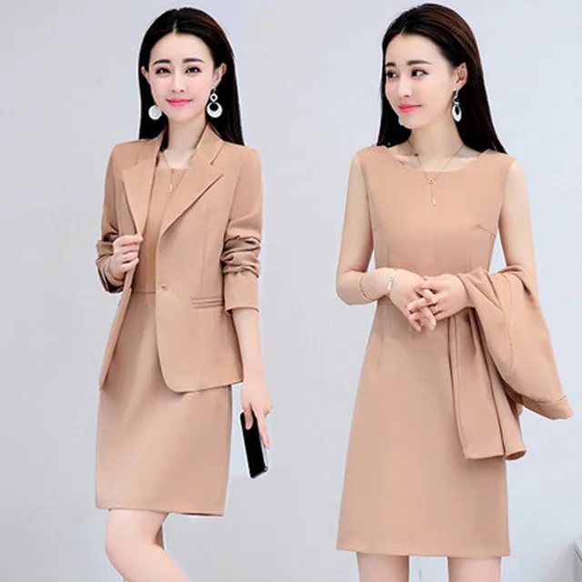 

Women 2 Piece Dress Suits Office Ladies Formal Business Work Wear Blazer O Neck Slim Pencil Dress Set Elegant Outfits Plus Size