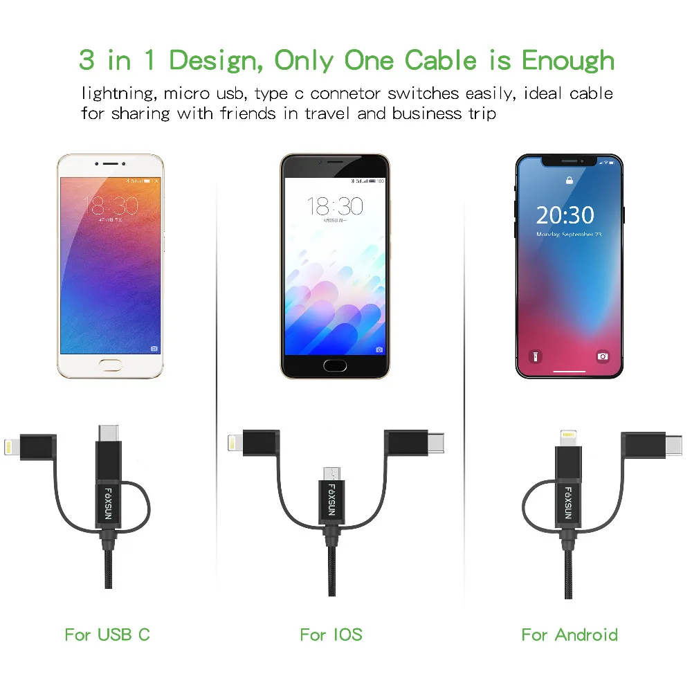 3 في 1 ل البرق كابل يو اس بي ل فون 8 7 المصغّر usb كابل شحن سريع USB نوع C ل Oneplus 5 سامسونج غالاكسي S8 LG V3