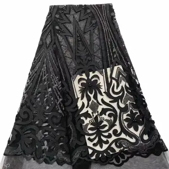 

Black New Design African Lace Fabric, Sequins Tulle Lace Fabric For Party, Beaded Embroidery Lace Materials