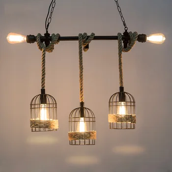

American Retro Style Birdcage Pendant Light Vintage Hemp Rope Hanging Lamp Creative Industrial Loft Bar Restaurant Droplight