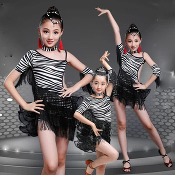

Kids Tassel Fringe Stage Wear dancing dress Children Dance Dresse Sequins Outfit with Gloves Girls Dance Latin Dress Salsa Dance